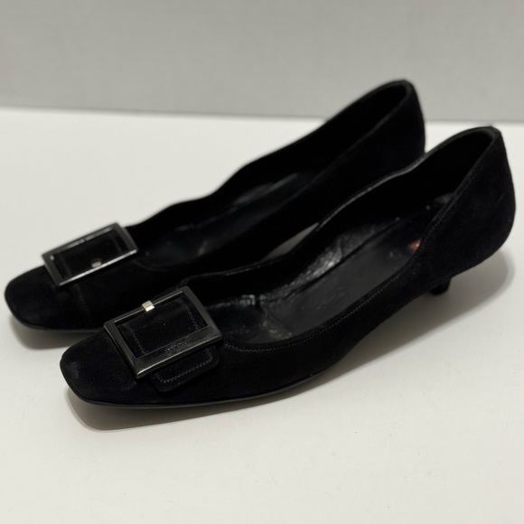 PRADA Vintage Red Label Black Square Toe Suede Buckle Kitten Heels EUC - Picture 2 of 11